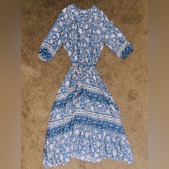 Heccpli Women’s 3/4 Sleeve Blue Floral Boho Maxi Dress Buttons and Tie Waist - Picture 2 of 14